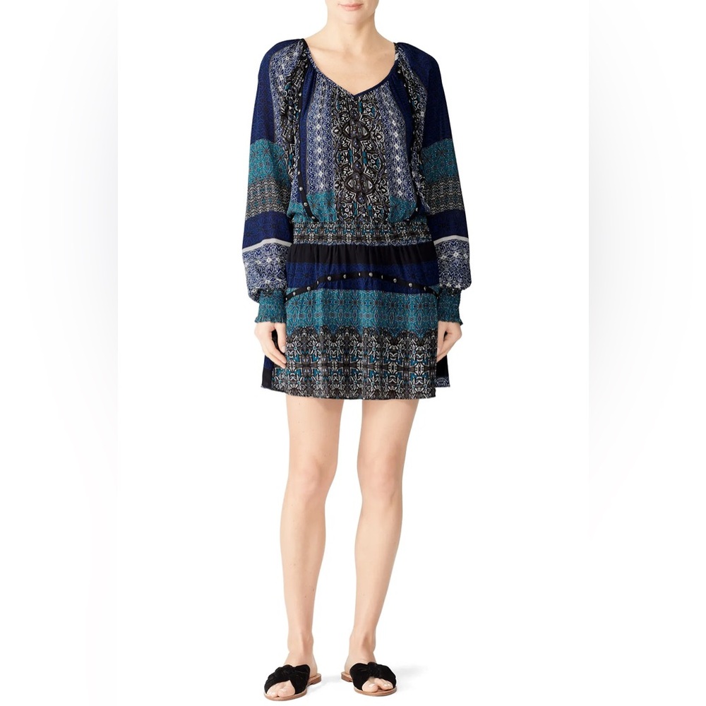 Ramy Brook Brynn Silk Blouson Blue Boho Mini Dress Size XS